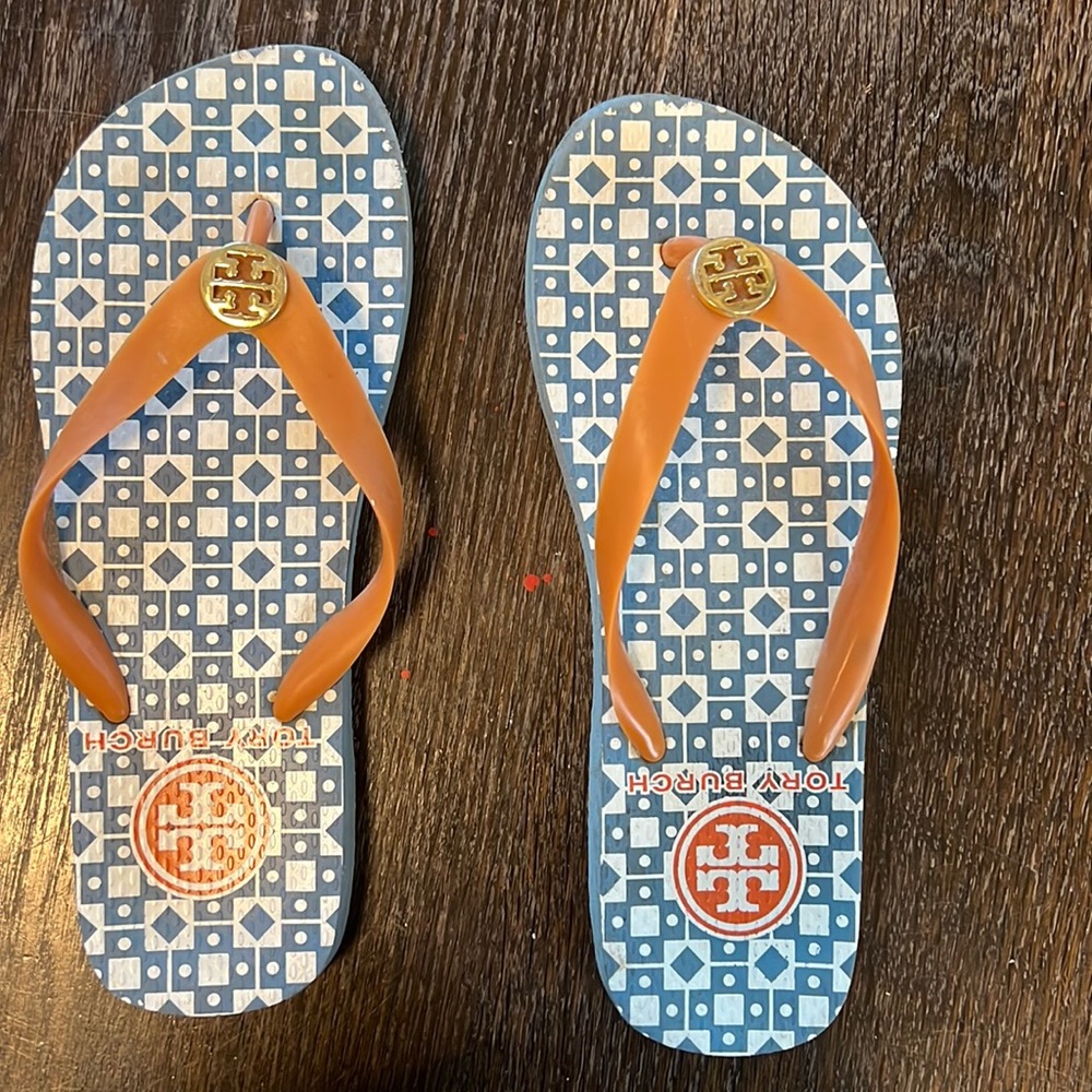 Tory Burch Monogram Geo Logo Flip Flop Thong Sandal Slip On Shoe Blue Women 5/6
